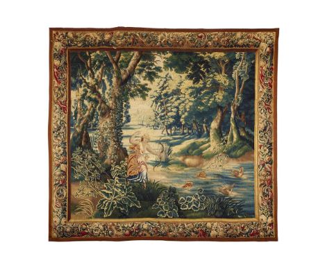 A FLEMISH MYTHOLOGICAL TAPESTRY OF DIANA THE HUNTRESS  LATE 17TH CENTURY/EARLY 18TH CENTURY  In a verdure setting with Diana 