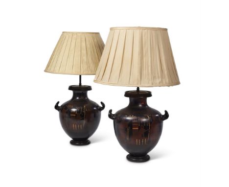 A LARGE MATCHED PAIR OF LAMP BASES DECORATED IN THE ATTIC RED FIGURE MANNER  LATE 19TH CENTURY  Comprising a painted tole pei