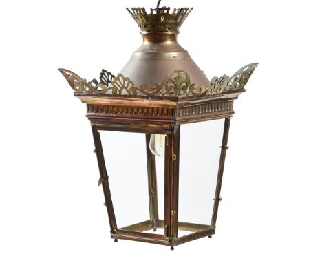 A BRASS AND COPPER HALL LANTERN  LATE 19TH CENTURY  Of tapering square section form, castellated coronet above acroteria cres