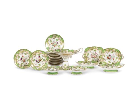 AN ENGLISH PORCELAIN ROCOCCO REVIVAL GREEN GROUND PART DESSERT SERVICE, PROBABLY RIDGWAY CIRCA 1840 comprising: a large compo