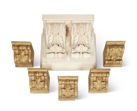 A COLLECTION OF EIGHT ARCHITECTURAL WALL BRACKETS  LATE 20TH CENTURY  Largest in cream painted wood, double floral volute scr