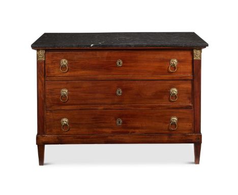 A FRENCH MAHOGANY AND GILT METAL MOUNTED COMMODE FIRST HALF 19TH CENTURY The rectangular marble top above an arrangement of t