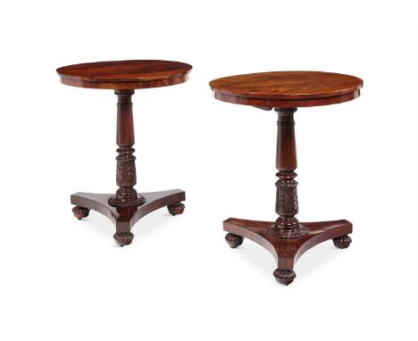A MATCHED PAIR OF MAHOGANY PEDESTAL TABLES ONE GEORGE IV, CIRCA 1830, THE OTHER LATE 20TH CENTURY Each with a circular top ab