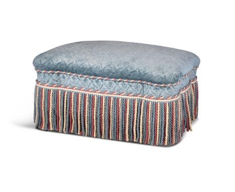 A BLUE EMBOSSED VELVET UPHOLSTERED FOOTSTOOL LATE 20TH CENTURY 46cm high, 70cm wide, 87cm long     Provenance: Johanna Tradin