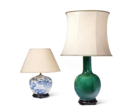 A CHINESE GREEN CRACKLE GLAZE LAMP 20TH CENTURY     The vase approximately 42cm high 85cm high overall including shade       