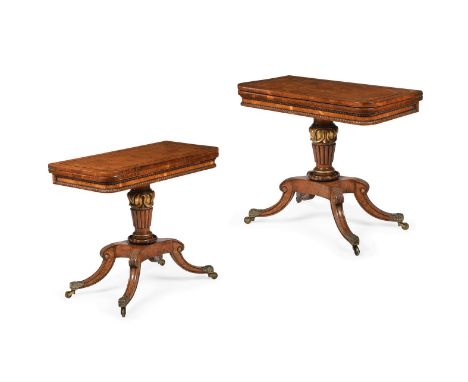 A PAIR OF WILLIAM IV BURR OAK AND BRASS INLAID PEDESTAL CARD TABLES SCOTTISH, ATTRIBUTED TO TROTTER AND SONS, CIRCA 1830 Each