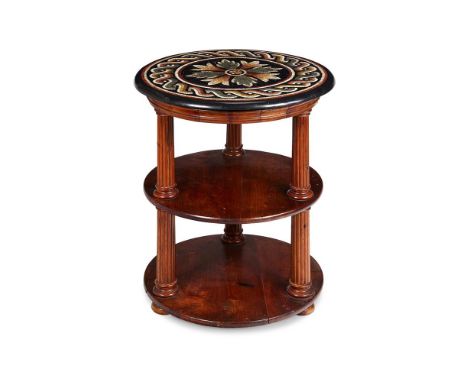 A BLACK SLATE AND MOSAIC TOPPED CHESTNUT THREE TIER CENTRE TABLE THE TABLE 19TH OR EARLY 20TH CENTURY The polychrome mosaic t