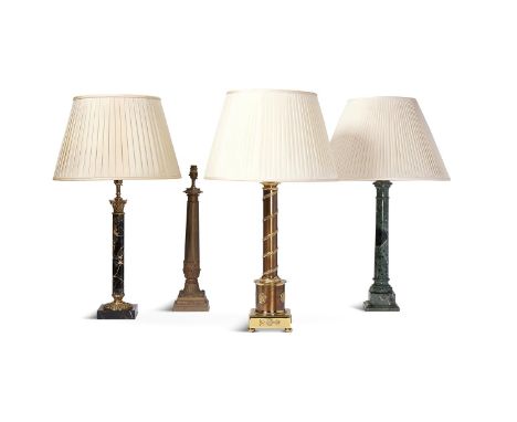 FOUR TABLE LIGHTS TO INCLUDE:  A BRASS COLUMNAR TABLE LAMP  FRENCH, LATE 19TH CENTURY  47cm high  A brass column lamp, 55cm h
