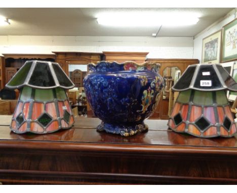 Pr. Of Art Deco Style Leaded Lamp shades and a Blue ground pottery jardinière      