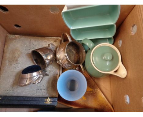 Poole 3 part Deco dish, Wedgwood Jasperware, Silverplated pin cushion of a Fireman's helmet and assorted    