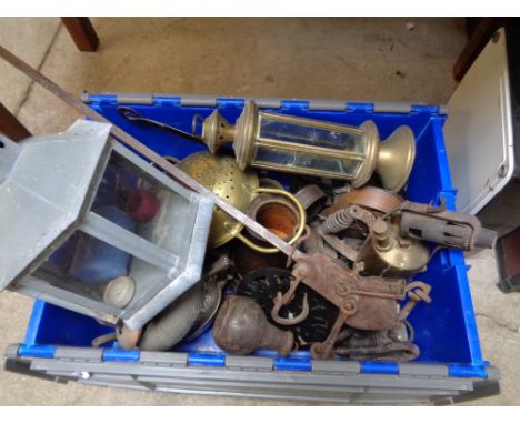 Large Box of assorted Bygones inc. Typewriter, Lamp etc.           