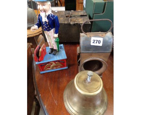 Cast Uncle Sam moneybox, Old Carriage Lamp and a Brass School bell etc       