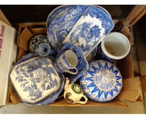 Large box of Blue and White inc. 19thC Willow pattern tureen, Spode Italian scenes etc.     