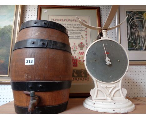 Salter 50T 1941 20ld Scales and a Oak Metal bound barrel with tap       