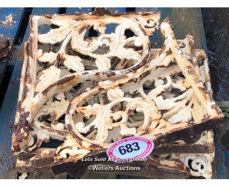 SEVEN ORNATE HEAVY CAST IRON CORNER/SHELF BRACKETS, 43CM (H) X 40CM (D)