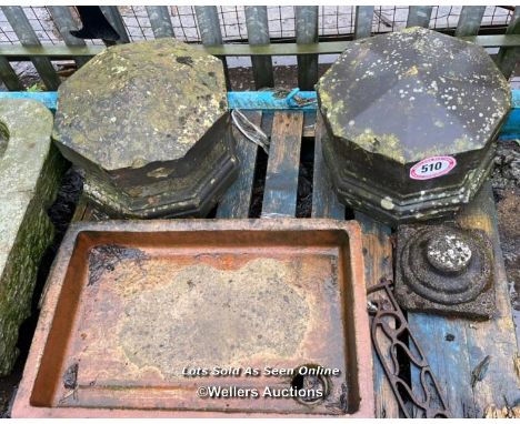 PALLET OF ARCHITECTURAL ITEMS INCLUDING SALT GLAZED SINK AND PAIR OF STONE PIER CAPS