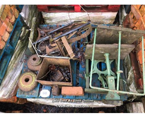 PALLET OF IRON MONGERY INC. DRAIN HOPPERS, VINTAGE MACHINERY PARTS, SCALE ETC