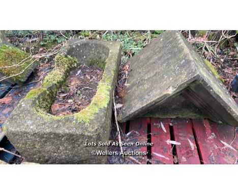 ONE STONE TROUGH AND ONE TRIANGULAR PIER CAP, TROUGH 95CM (L) X 43CM (W) X 30CM (H), PIER CAP 45CM (H), TROUGH REQUIRES RESTO