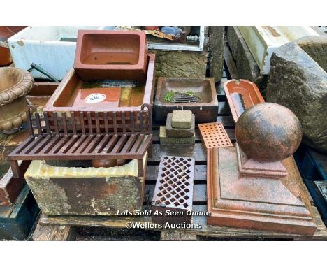 PALLET OF ASSORTED ARCHITECTURAL LOTS INCL. SALT GLAZED SINK ,TROUGH AND TERRACOTA FINIAL