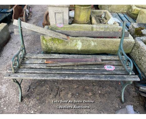 A VINTAGE GARDEN BENCH WITH CAST IRON ENDS, NEEDS REBURBISHMENT
