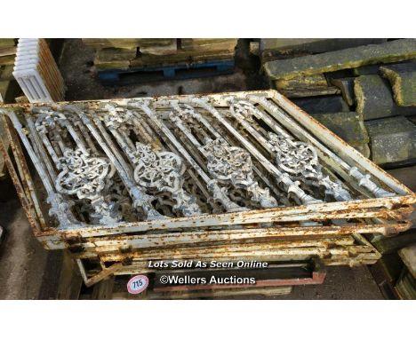 TWELVE VINTAGE CAST IRON ANGLED RAILINGS, 164CM (L) X 75CM (H) X 5CM (D) 