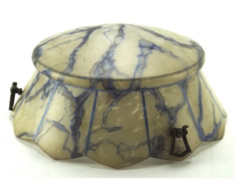An Art Deco glass hanging ceiliing light, marbled blue and white, 39cm diameter
