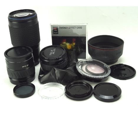 Collection of camera lenses, including a Tokina 75-300mm AF lens, Minolta fantasy effect card and more