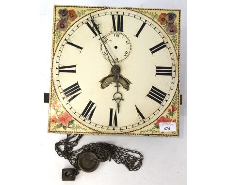 A late 19th/early 20th century longcase clock movement, the painted dial with Roman numerals denoting hours, seconds subsidia