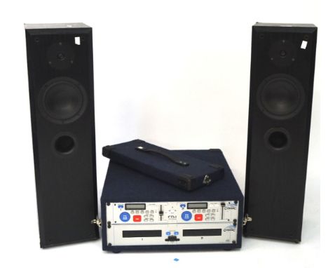 A pair of Eltax symphony 6 speakers and a CD player, the first 86cm x 23cm wide, the second a Pro Audio Citronic dual CD play