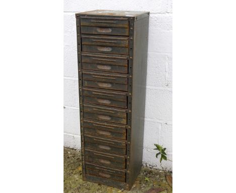 A vintage metal ten drawer cabinet, height 107cm x 33cm x 30cm