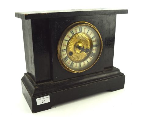 A late 19th century black painted mantle clock, the enamel dial with Roman numerals denoting hours, 26cm high