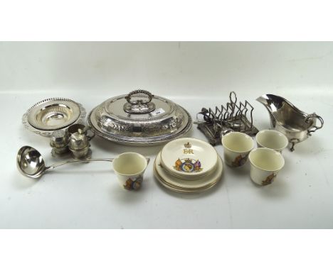 A selection of silver plated wares and commemorative ceramics, including toast rack, sauce ladle, sugar sifter spoon, lidded 