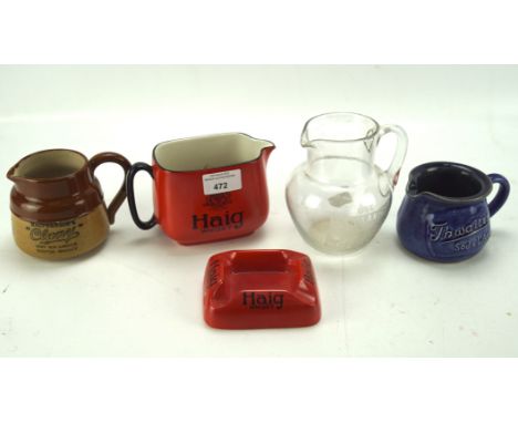 A selection of vintage advertising glass and ceramics, including Haig Whisky pouring jug and ash tray and Thwaites soda water