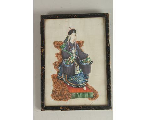 A CHINESE PITH PAINTING, depicting an enthroned figure in traditional robes, framed and glazed, 23cm x 16.5cm overall.