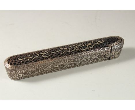 AN ISLAMIC OPENWORK STEEL PEN BOX, the top with silvered calligraphy inscription, 23cm long.