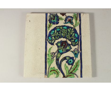 A RARE WILLIAM DEMORGAN GLAZED POTTERY TILE, in the Islamic Damascus style, signed to the reverse, 23cm square.