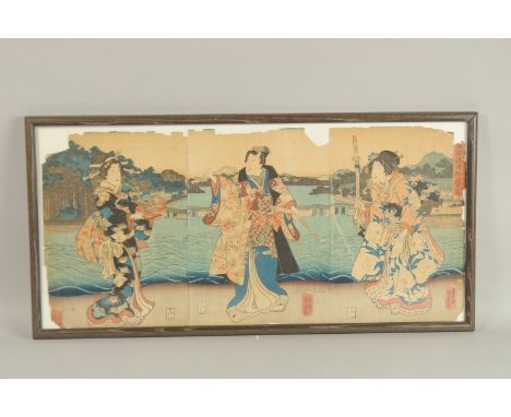 AN ORIGINAL JAPANESE WOODBLOCK PRINT (TRIPTYCH), framed and glazed together, 38cm x 36cm overall.