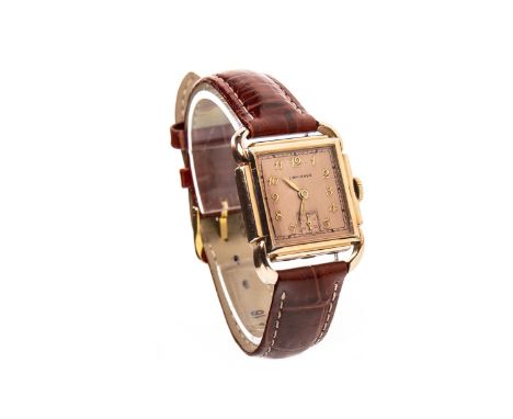GENTLEMAN'S LONGINES ROSE GOLD MANUAL WIND WRIST WATCH, mid twentieth century, the rectangular dial with applied gold coloure