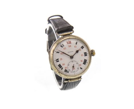 GENTLEMAN'S EARLY TWENTIETH CENTURY ZENITH MANUAL WIND WRIST WATCH, the round white dial with Roman numerals in black and red