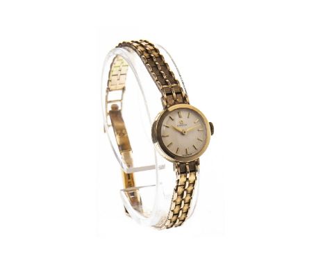 LADY'S OMEGA GOLD MANUAL WIND WRIST WATCH, the round dial with applied gold baton hour markers, gold hands, 15mm case, on a b