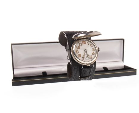 A SILVER MANUAL WIND TRENCH WATCH, signed Talis movement, the round white enamel dial with Arabic numerals, subsidiary second