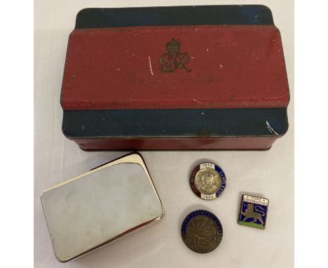A 1937 commemorative Players cigarette tin together with 3 vintage pin badges and one small tin. 3 enamelled badges comprisin