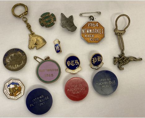 A small collection of sporting and farm related pin badges and keyrings, some enamel. To include: British Field Sport Society