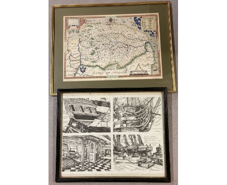 A framed and glazed Saxton's Map of Norfolk, coloured print, printed in the 1960's. Together with 4 framed and glazed black a