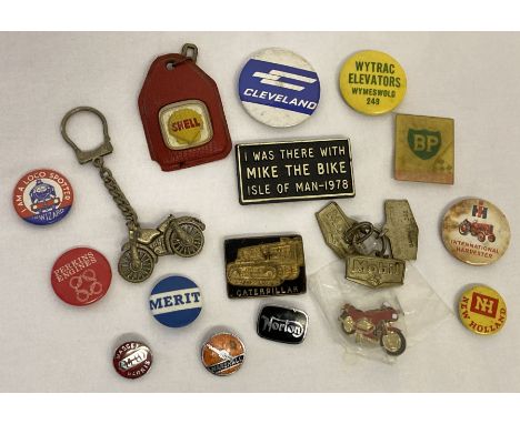 A small collection of vintage vehicle and machinery related pin badges and keyrings. To include: Shell, Norton, Marshall, Mas