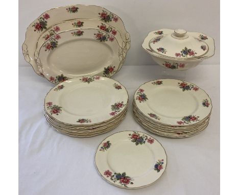 A quantity of vintage Alfred Meakin dinnerware with pink and blue floral patten and gilt detail. Comprising: 3 graduating ser