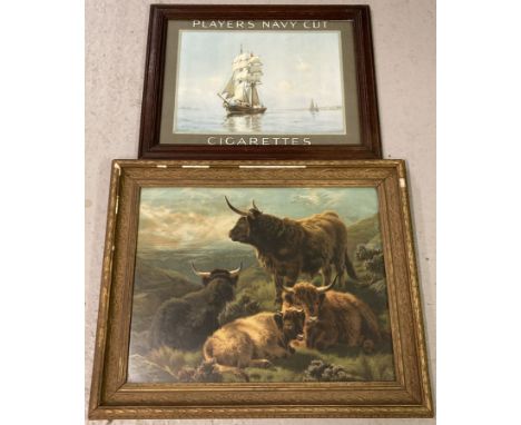 2 early 20th century framed and glazed prints. A Players Navy Cut cigarettes advertising picture. In period dark wood frame t