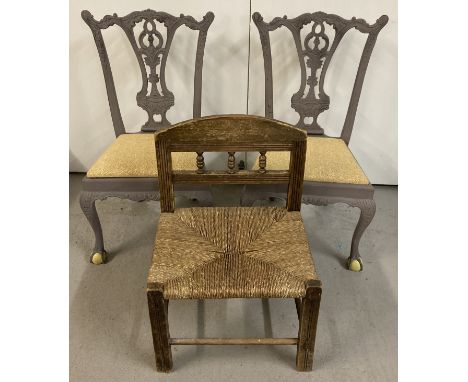 2 hand painted Chippendale style children's chairs with ball and claw feet. Together with a vintage rush seat children chair 