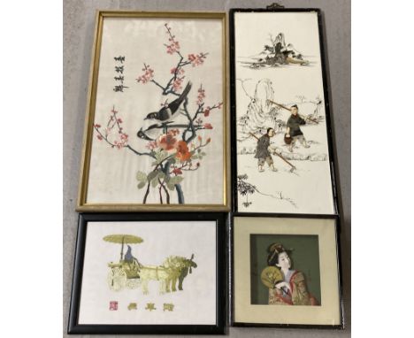 A collection of Oriental pictures and wall hangings, to include embroidered silk panels. Together with a plaque set with natu