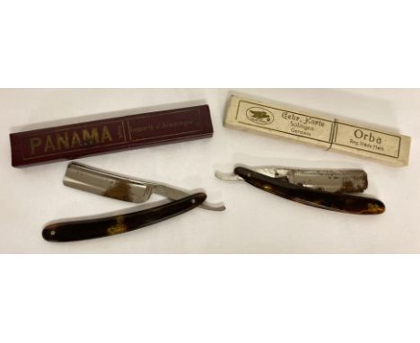 2 vintage boxed German cut throat razors. An Orba with faux tortoise shell handle together with Panama also with faux tortois